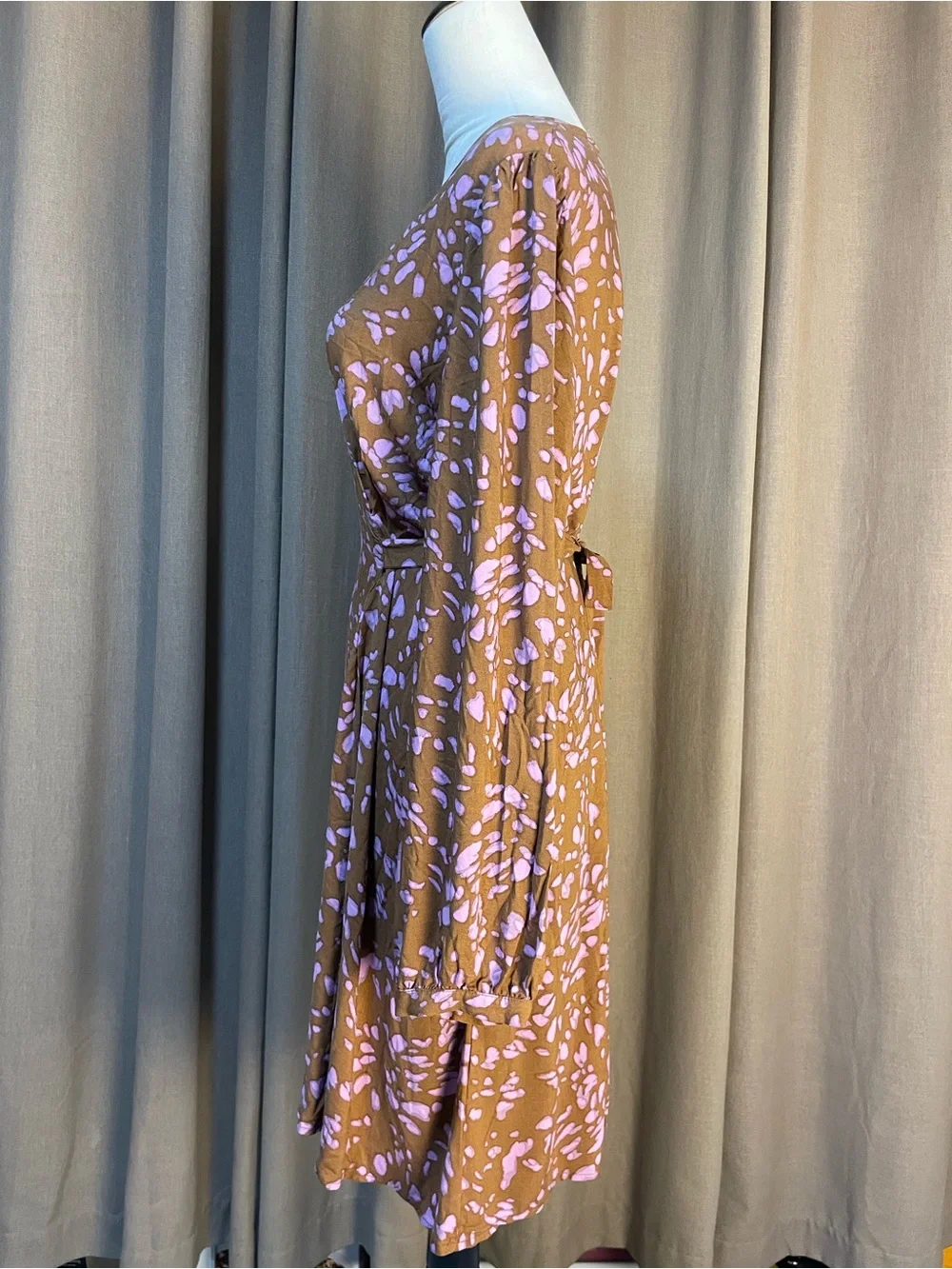 Nine West Brown Floral V-Neck Long-Sleeve Dress with Pink Print